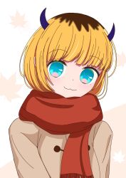 Rule 34 | 1girl, blonde hair, blue eyes, closed mouth, coat, highres, horns, looking at viewer, mem-cho, nm (blue-rapid), oshi no ko, scarf, simple background, smile, solo