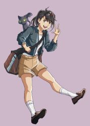 Rule 34 | 1girl, absurdres, bag, black cat, black hair, blue jacket, brown eyes, brown footwear, brown shorts, cat, collared jacket, commentary request, full body, hair ornament, hairclip, highres, iwato suzume, jacket, josu (dominicjsh), korean commentary, loafers, long hair, long sleeves, looking at viewer, open clothes, open jacket, open mouth, ponytail, purple background, shirt, shoes, shorts, shoulder bag, simple background, smile, socks, solo, suzume no tojimari, teeth, w, white shirt, white socks