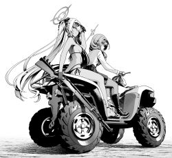 Rule 34 | 2girls, all-terrain vehicle, bikini, blue archive, boots, breasts, chinatsu (blue archive), glasses, gloves, gun, halo, highres, iori (blue archive), iori (swimsuit) (blue archive), long hair, looking back, monochrome, motor vehicle, multiple girls, official alternate costume, pinakes, plaid, plaid skirt, pointy ears, rifle, sandals, sideboob, skirt, sunglasses, swimsuit, twintails, weapon, white background