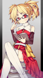 Rule 34 | 1girl, blonde hair, blush, book, breasts, glasses, grand knight history, highres, crossed legs, pointy ears, red eyes, saru, short hair, sitting, small breasts, solo, white legwear