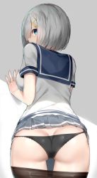 Rule 34 | 1girl, against wall, artist request, ass, black panties, blue eyes, breasts, butt crack, clothes lift, clothes pull, hair ornament, hair over one eye, hairclip, hamakaze (kancolle), kantai collection, large breasts, looking at viewer, looking back, microskirt, panties, pantyhose, school uniform, serafuku, shade, short hair, silver hair, skindentation, skirt, solo, thighhighs, thighhighs pull, third-party source, underwear