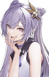 Rule 34 | 1girl, braid, commentary request, cone hair bun, copyright notice, double bun, genshin impact, hair bun, hair ornament, highres, keqing (genshin impact), long hair, looking at viewer, marumoru, open mouth, purple eyes, purple hair, side braid, simple background, sleeveless, solo, tongue, tongue out, twintails, white background