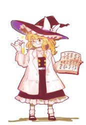 Rule 34 | 1girl, bad id, bad twitter id, bespectacled, black hat, black skirt, black vest, blonde hair, book, bow, braid, eyebrows, full body, glasses, gloves, hair ribbon, hat, hat bow, kirisame marisa, lab coat, mary janes, ribbon, scientist, shoes, simple background, single braid, skirt, solo, tamiko (paseri), test tube, thick eyebrows, touhou, tress ribbon, vest, wavy hair, white background, white bow, white gloves, white legwear, witch hat, yellow eyes