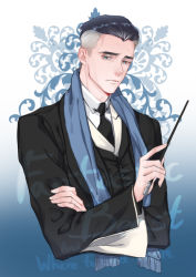 Rule 34 | 1boy, black hair, blue eyes, clothes, collared shirt, fantastic beasts and where to find them, harry potter (series), male focus, multicolored hair, necktie, percival graves, scarf, shirt, solo, two-tone hair, wand, white hair, wizarding world, zigi