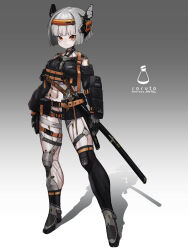 Rule 34 | 1girl, absurdres, armor, arms at sides, artist name, belt, belt pouch, breasts, commentary request, cyborg, full body, gradient background, grey background, grey hair, headgear, highres, looking at viewer, medium breasts, orange eyes, original, pouch, science fiction, shadow, sheath, sheathed, short hair, single thighhigh, solo, soruto 0w98e, standing, sword, thighhighs, two-tone background, variant set, weapon, white background