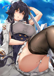 Rule 34 | 1girl, ass, azuma (azur lane), azur lane, black gloves, black hair, black pantyhose, blush, breasts, brown eyes, clothes pull, commentary request, day, from below, gloves, hair between eyes, hair ornament, hairclip, half gloves, head tilt, heavy breathing, holding, holding sword, holding weapon, jacket, jacket on shoulders, katana, large breasts, long hair, looking at viewer, looking down, naha78, outdoors, panties, pantyhose, pantyhose pull, parted lips, pleated skirt, sidelocks, sitting, skirt, sky, solo, sweat, sword, underwear, very long hair, weapon, white panties, white skirt