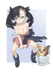 Rule 34 | 1girl, absurdres, aqua eyes, asymmetrical bangs, asymmetrical hair, bag, bare shoulders, black hair, black jacket, blue background, blush, breasts, character name, choker, cleavage, commentary request, creatures (company), dress, game freak, gen 8 pokemon, hair ribbon, highres, jacket, large breasts, long sleeves, looking at viewer, marnie (pokemon), morpeko, morpeko (full), nintendo, no bra, off-shoulder dress, off-shoulder jacket, off shoulder, open clothes, pink dress, pokemon, pokemon (creature), pokemon swsh, red ribbon, ribbon, simple background, siulu, translation request, twintails, two-tone background, white background