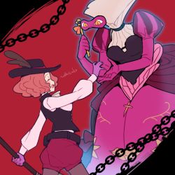Rule 34 | artist name, belt, blush, brown hair, chain, closed eyes, do m kaeru, domino mask, gloves, hat, hat feather, long sleeves, mask, masquerade mask, milady (persona), okumura haru, pantyhose, persona, persona 5, purple gloves, reaching, reaching towards viewer, red shorts, shorts, signature, underbust, vest