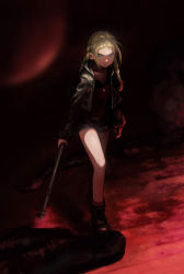Rule 34 | 1girl, blonde hair, blue eyes, boots, braid, combat boots, flat chest, forehead, full body, highres, holding, holding weapon, jacket, lead pipe, leather, leather jacket, medium hair, original, parted lips, revision, sara manta, shadow, shorts, solo, twin braids, weapon