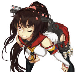 Rule 34 | 10s, 1girl, 92m, anchor, black thighhighs, brown eyes, brown hair, cherry blossoms, detached sleeves, flower, grin, hair flower, hair ornament, hands on own knees, kantai collection, leaning forward, long hair, one eye closed, petals, ponytail, shell casing, simple background, skirt, smile, solo, thighhighs, white background, wink, yamato (kancolle)