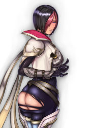 Rule 34 | 1girl, armor, ass, ass cutout, black hair, blue eyes, blush, breastplate, breasts, butt crack, clothing cutout, fiora (league of legends), from behind, gauntlets, hoshara, league of legends, multicolored hair, pauldrons, red hair, revealing clothes, short hair, shoulder armor, skin tight, solo, torn clothes