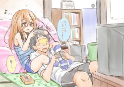 Rule 34 | 10s, 1boy, 1girl, admiral (kancolle), black hair, blush, book, bookshelf, brown eyes, brown hair, calendar (object), commentary request, controller, food, fujishima shinnosuke, game console, game controller, gamepad, glasses, indoors, kantai collection, kneehighs, leg lock, long hair, lying, lying on person, mochizuki (kancolle), musical note, on back, open mouth, pillow, playing games, pocky, quaver, red-framed eyewear, shorts, sleeveless, socks, striped clothes, striped socks, tank top, tatami, television, translation request