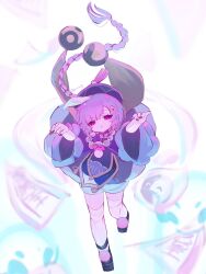 Rule 34 | 1girl, artist name, bead necklace, beads, black nails, braid, braided ponytail, coin hair ornament, commentary, floating hair, full body, genshin impact, hair ornament, hat, highres, jewelry, jiangshi, long hair, long sleeves, looking at viewer, necklace, ofuda, ofuda on head, orb, outstretched arms, purple eyes, purple hair, purple hat, qingdai guanmao, qiqi (genshin impact), solo, thighhighs, white thighhighs, wide sleeves, yin yang, yin yang orb, yu no72, zombie pose