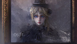 Rule 34 | 1girl, absurdres, artist name, black bonnet, black dress, black veil, blonde hair, blue eyes, bonnet, broken mirror, dress, hat, highres, lips, looking at viewer, lord of the mysteries, medium hair, mini hat, mirror, osot-, partially shaded face, red lips, sharron (lord of the mysteries), solo, veil