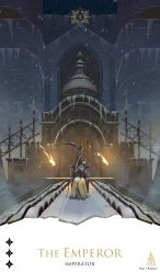 Rule 34 | bloodborne, building, chair, cloak, crown, english text, fire, frozensoba, grey hair, highres, holding, holding scythe, holding weapon, long hair, martyr logarius, outdoors, rooftop, scythe, sitting, snow, snowing, tarot, tarot (medium), the emperor (tarot), throne, weapon