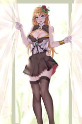 Rule 34 | 1girl, :d, ahoge, backlighting, bare arms, bare shoulders, black skirt, black thighhighs, blonde hair, blue eyes, blush, bracer, breasts, circlet, cleavage, cleavage cutout, clothing cutout, collarbone, curtain grab, curtains, day, feet out of frame, flower, gem, hair flower, hair ornament, high-waist skirt, highres, indoors, large breasts, lips, long hair, looking at viewer, muko (kokia38), open mouth, original, pointy ears, red flower, skirt, sleeveless, smile, solo, standing, straight hair, sunlight, thighhighs, very long hair, vest, zettai ryouiki