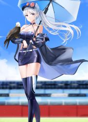 Rule 34 | 1girl, absurdres, animal on arm, azur lane, bald eagle, bare shoulders, belt, bird, bird on arm, black choker, black dress, black footwear, black jacket, blue sky, boots, breasts, chinese commentary, choker, cleavage, closed mouth, clothes writing, clothing cutout, cloud, collarbone, commentary request, day, dress, eagle, elbow gloves, enterprise (azur lane), enterprise (wind catcher) (azur lane), eyewear on headwear, fingerless gloves, floating hair, gloves, grim (azur lane), hair between eyes, hair through headwear, halter dress, halterneck, hat, highres, holding, holding umbrella, jacket, large breasts, long hair, looking at viewer, off shoulder, official alternate costume, outdoors, partially fingerless gloves, ponytail, purple eyes, qing wu, race queen, racetrack, short dress, side cutout, sidelocks, single elbow glove, single fingerless glove, skindentation, sky, sleeveless, solo focus, standing, sunglasses, thigh boots, thighhighs, umbrella, very long hair, white belt, white hair, white headwear, zettai ryouiki