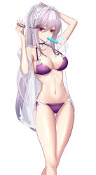 Rule 34 | 1girl, azur lane, bare shoulders, bikini, breasts, cleavage, collarbone, dunkerque (azur lane), dunkerque (summer sucre) (azur lane), eternity (shadeh), female focus, food, hairband, hand in own hair, highres, ice cream, long hair, looking at viewer, medium breasts, navel, official alternate costume, ponytail, purple bikini, purple eyes, silver hair, solo, standing, swimsuit, white background