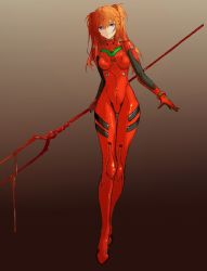 Rule 34 | 1girl, artist request, blue eyes, bodysuit, breasts, brown hair, curvy, full body, gradient background, hair ornament, holding, holding weapon, lance of longinus (evangelion), long hair, long sleeves, looking at viewer, neon genesis evangelion, plugsuit, polearm, red bodysuit, simple background, solo, souryuu asuka langley, two side up, very long hair, weapon, wide hips