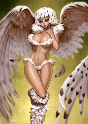 Rule 34 | 1girl, angel, angel wings, bikini, bird, bird wings, breasts, feathers, felsus, large breasts, md5 mismatch, monster girl, nude, owl, resized, resolution mismatch, simple background, solo, source smaller, swimsuit, traditional media, upscaled, white hair, wings, yellow eyes