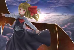 Rule 34 | 1girl, :d, blonde hair, hair ribbon, highres, open mouth, red eyes, ribbon, rumia, shirt, skirt, sky, smile, solo, star (sky), starry sky, toto (nyky831018/), touhou, twilight, vest, wings