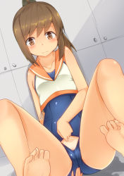 Rule 34 | 10s, 1girl, :3, bad anatomy, bad feet, bad id, bad pixiv id, bare shoulders, barefoot, blue one-piece swimsuit, blush, breasts, brown eyes, brown hair, cameltoe, closed mouth, collarbone, crop top, i-401 (kancolle), kantai collection, katsuda (katonnbootita), legs up, looking at viewer, lying, old school swimsuit, on back, one-piece swimsuit, ponytail, poorly drawn, presenting, pussy, pussy peek, school swimsuit, school swimsuit flap, shirt, short hair, sleeveless, sleeveless shirt, small breasts, smile, soles, solo, swimsuit, tareme, toes, white shirt