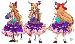 Rule 34 | 1girl, belt, black footwear, bow, chain, character sheet, closed mouth, collarbone, female focus, from behind, from side, full body, gourd, hair bow, holding, horn bow, horn ornament, horns, ibuki suika, karaori, long hair, looking at viewer, low-tied long hair, multicolored clothes, multicolored skirt, multiple views, neko (yanshoujie), ofuda, orange eyes, orange hair, pink bow, profile, purple bow, red bow, shirt, shoes, sidelocks, simple background, skirt, sleeveless, sleeveless shirt, standing, the sealed esoteric history, touhou, turnaround, very long hair, white background, white shirt, wrist cuffs