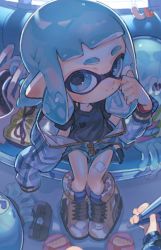 Rule 34 | 1girl, aspara, bandaged leg, bandages, black shirt, black shorts, blue eyes, blue hair, blunt bangs, blush, closed mouth, clothes pull, cross-laced footwear, dolphin shorts, from above, grey footwear, gym shorts, highres, inkling, inkling girl, inkling player character, jacket, jacket pull, jellyfish (splatoon), long hair, looking at viewer, nintendo, pointy ears, pov, shirt, shoes, shorts, sitting, smile, solo, splatoon (series), splatoon 2, tentacle hair, train interior, zipper