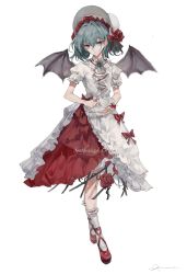 Rule 34 | 1girl, bat wings, bow, dress, flower, frills, full body, hair between eyes, hat, hat ribbon, highres, jewelry, light smile, looking at viewer, mob cap, puffy short sleeves, puffy sleeves, raivarune, red eyes, red flower, red footwear, red ribbon, remilia scarlet, ribbon, rose, sash, shoes, short hair, short sleeves, simple background, skirt, solo, standing, touhou, white background, white legwear, wings, wrist cuffs