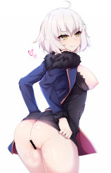 Rule 34 | 1girl, ahoge, ass, bar censor, black dress, blue jacket, blush, breasts, breasts out, censored, clothes lift, dress, dress lift, fate/grand order, fate (series), fur-trimmed jacket, fur trim, hair between eyes, hands on own hips, heart, highres, jacket, jeanne d&#039;arc (fate), jeanne d&#039;arc alter (avenger) (fate), jeanne d&#039;arc alter (fate), looking back, medium breasts, nipples, pussy, pussy juice, ripe.c, short hair, silver hair, simple background, smile, solo, standing, thighs, white background, yellow eyes