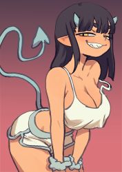 Rule 34 | 1girl, absurdres, alternate breast size, bare shoulders, bent over, black hair, blue horns, blunt bangs, breasts, cleavage, collarbone, colo (nagrolaz), commentary, cowboy shot, demon tail, english commentary, gradient background, grey background, grin, groin, gym shorts, hands on thighs, hanging breasts, highres, horns, large breasts, long hair, looking at viewer, mephia, open mouth, original, pink background, scrunchie, sharp teeth, short eyebrows, short shorts, shorts, simple background, single sidelock, smile, solo, spaghetti strap, straight hair, tail, tank top, teeth, thick eyebrows, white shorts, white tank top, wrist scrunchie, yellow eyes
