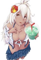 Rule 34 | 10s, 1girl, absurdres, ahoge, bad id, bad pixiv id, bent over, bikini, blue skirt, breasts, cleavage, collarbone, condensation, covered erect nipples, cup, dark-skinned female, dark skin, drink, drinking straw, flower, front-tie bikini top, front-tie top, granblue fantasy, hair between eyes, hair flower, hair ornament, hand on own chest, hibiscus, highres, holding, holding cup, ice, long hair, long sleeves, looking up, medium breasts, miniskirt, offering drink, open clothes, open mouth, open shirt, orange eyes, partially undressed, pleated skirt, raichi (yuriya003), religious offering, shirt, simple background, skirt, solo, swimsuit, thigh gap, white background, white bikini, white hair, white shirt, zooey (granblue fantasy), zooey (summer) (granblue fantasy)