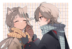 Rule 34 | 1girl, animal ears, black gloves, black jacket, blonde hair, blush, brother and sister, cat ears, cat girl, checkered background, checkered clothes, checkered scarf, closed mouth, genshin impact, gloves, grey scarf, jacket, long hair, long sleeves, lynette (genshin impact), lyney (genshin impact), red eyes, satorigame, scarf, short hair, siblings, simple background, yellow jacket, yellow scarf