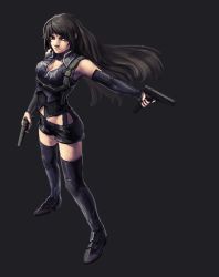 Rule 34 | 1girl, afi (arsenixc), black background, black hair, black thighhighs, borrowed character, breasts, cleavage, detached sleeves, dual wielding, expressionless, extended magazine, gun, handgun, highres, holding, legs apart, long hair, midriff, original, pistol, shorts, simple background, solo, symbol-shaped pupils, thighhighs, weapon, wide stance