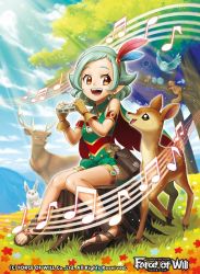 Rule 34 | 1girl, bad id, bad twitter id, bare shoulders, bird, rabbit, cape, cloud, copyright name, day, deer, earrings, feathers, feet, flower, force of will, grass, green hair, hairband, jewelry, leaf, musical note, official art, open mouth, orange eyes, sakuma sanosuke, sandals, sitting, sky, solo, sparkle, squirrel, teeth, toes, tree