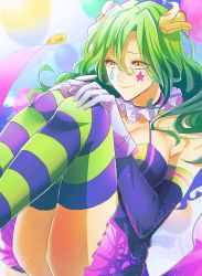 Rule 34 | 1girl, absurdres, breasts, crayon (toh), dress, facial mark, gloves, green hair, hat, highres, jester, jester cap, large breasts, long hair, looking to the side, marking on cheek, multicolored background, multicolored clothes, pale skin, star (symbol), striped clothes, striped legwear, striped thighhighs, teardrop facial mark, teardrop tattoo, thighhighs, thighs, tower of hanoi, wavy hair, yellow eyes, zinseihamoe