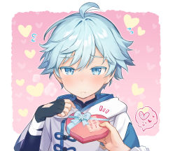 Rule 34 | 2boys, ^ ^, antenna hair, blue eyes, blue hair, blush, box, box of chocolates, chinese clothes, chongyun (genshin impact), closed eyes, closed mouth, fingerless gloves, frilled sleeves, frills, genshin impact, gift, gift box, giving, gloves, hair between eyes, happy valentine, heart, heart-shaped box, konmamion, looking at another, looking at viewer, male focus, multiple boys, pink background, spoken heart, translated, xingqiu (genshin impact)