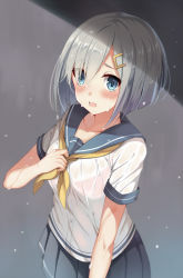 Rule 34 | 10s, 1girl, bad id, bad pixiv id, blue eyes, blush, bra, breasts, commentary request, eyes visible through hair, hair ornament, hair over one eye, hairclip, hamakaze (kancolle), harimoji, kantai collection, looking at viewer, neckerchief, open mouth, pink bra, pleated skirt, school uniform, see-through, serafuku, short hair, silver hair, skirt, solo, underwear, wet, wet clothes, yellow neckerchief