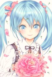 Rule 34 | 1girl, blue eyes, blue hair, blush, catbell, flower, hatsune miku, long hair, looking at viewer, matching hair/eyes, petals, solo, twintails, vocaloid