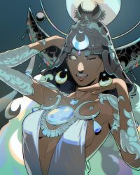 Rule 34 | 1girl, ;b, absurdres, black hair, breasts, bright pupils, cleavage, collarbone, crescent, crescent earrings, dark-skinned female, dark skin, dress, earrings, full moon, hades (series), hades 2, helmet, highres, jewelry, long hair, looking at viewer, medium breasts, moon, one eye closed, open mouth, selene (hades), smile, solo, sparkling eyes, tagme, tongue, turoboto, white dress, white pupils