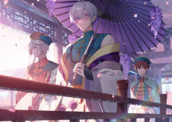 Rule 34 | 3boys, aiue o eiua, alternate costume, alternate hairstyle, architecture, braid, braided sidelock, brown eyes, brown hair, chinese clothes, commentary request, cowboy shot, east asian architecture, flower, frown, green headwear, green jacket, green shirt, hat, highres, holding, holding umbrella, idolish7, inumaru toma, jacket, kujou tenn, looking at viewer, looking to the side, male focus, multiple boys, oil-paper umbrella, osaka sougo, pink-tinted eyewear, purple eyes, purple flower, purple hair, railing, shirt, short hair, sunglasses, tinted eyewear, twin braids, umbrella, upper body, white hair