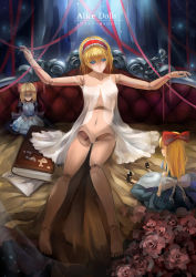 Rule 34 | 1girl, alice margatroid, blonde hair, blue eyes, book, breasts, character name, doll, doll joints, dress, female focus, hairband, highres, joints, see-through, shanghai doll, short hair, sitting, solo, touhou, tsubasa19900920