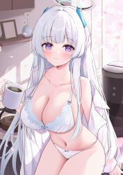Rule 34 | 1girl, absurdres, balut (7676i), blue archive, blush, bow, bow panties, bra, breasts, coffee, coffee mug, collarbone, cup, halo, highres, holding, holding cup, huge breasts, indoors, long hair, long sleeves, looking at viewer, mug, navel, noa (blue archive), open clothes, open shirt, panties, purple eyes, shirt, smile, solo, thighs, underwear, very long hair, white bra, white hair, white panties, white shirt