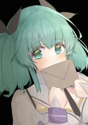 Rule 34 | 1girl, aqua eyes, aqua hair, assault lily, black background, black necktie, black ribbon, blush, breasts, collared shirt, commentary request, covered mouth, dutch angle, hair between eyes, hair ribbon, hands up, highres, holding, holding letter, juliet sleeves, letter, long sleeves, looking at viewer, love letter, medium breasts, medium hair, meme (lm0009aetklim), necktie, odaiba girls high school uniform, puffy sleeves, ribbon, school uniform, shirt, sidelocks, simple background, solo, suzuki chinami, twintails, upper body