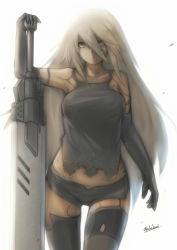 Rule 34 | 1girl, akahuzi, black gloves, black pantyhose, black thighhighs, breasts, commentary, elbow gloves, gloves, grey eyes, highres, holding, holding sword, holding weapon, large breasts, long hair, looking at viewer, nier (series), nier:automata, pantyhose, solo, sword, thighhighs, torn clothes, torn legwear, twitter username, weapon, white hair, a2 (nier:automata)