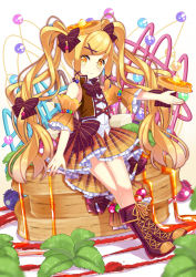 Rule 34 | 1girl, bad id, bad pixiv id, blonde hair, boots, bow, cross-laced footwear, food, food-themed hair ornament, full body, hair bow, hair ornament, knee boots, lace-up boots, long hair, looking at viewer, morinaga (brand), nyori, orange skirt, original, pancake, personification, purple bow, purple footwear, skirt, smile, solo, pancake stack, striped, striped bow, twintails, yellow eyes