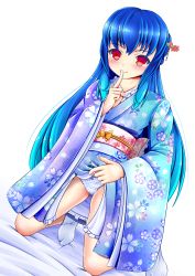 Rule 34 | 1girl, akizuki (akizuki71), bed, blue hair, blue kimono, blue panties, blush, bow, bow panties, finger to mouth, floral print, flower, hair flower, hair ornament, highres, hinanawi tenshi, japanese clothes, kimono, kneeling, long hair, long sleeves, looking at viewer, obi, panties, plaid, plaid panties, print kimono, red eyes, sash, smile, socks, touhou, underwear, white background, white legwear, wide sleeves