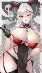 Rule 34 | 1girl, absurdres, aegir (azur lane), aegir (golden dragon among auspicious clouds) (azur lane), ahoge, azur lane, bare shoulders, breasts, cleavage, collarbone, covered navel, cowboy shot, criss-cross halter, curvy, detached collar, dress, finger gun, gloves, halterneck, highres, horns, huge breasts, kive, long hair, looking at viewer, official alternate costume, one eye closed, open mouth, outside border, sideless outfit, smile, tassel, tsurime, very long hair, white hair, yellow eyes