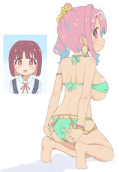 Rule 34 | 1girl, :d, abekawa mochizo, aged down, aqua bikini, armlet, ass, back, bare arms, bare legs, bare shoulders, barefoot, bead bracelet, beads, bikini, blue hair, blunt bangs, blunt ends, bob cut, bracelet, breasts, brown hair, butt crack, commentary request, comparison, dimples of venus, earrings, eyewear on head, feet, fingernails, flower, from behind, full body, hair flower, hair ornament, hands on own ass, highres, hoop earrings, hozuki kaede, inset, jewelry, kneeling, large breasts, long fingernails, looking back, nail polish, necklace, onii-chan wa oshimai!, open mouth, pink hair, pink nails, red eyes, short hair, shoulder blades, simple background, smile, soles, sunglasses, swimsuit, white-framed eyewear, white background