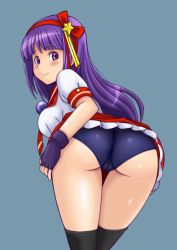 Rule 34 | 1girl, asamiya athena, ass, bent over, blue panties, blush, breasts, cameltoe, fingerless gloves, gloves, hair ribbon, highres, large breasts, leaning forward, legs, looking at viewer, looking back, panties, purple eyes, purple hair, ribbon, skirt, smile, snk, solo, the king of fighters, the king of fighters xiv, thighs, tsumitani daisuke, underwear